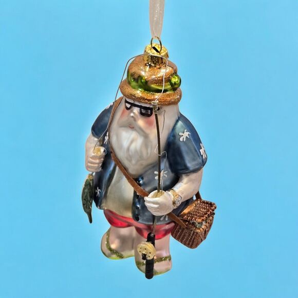 Vacation Hippie Flip Flop Fishing Rod Tiki Santa Claus 5" Blown Glass Ornament - Picture 5 of 12